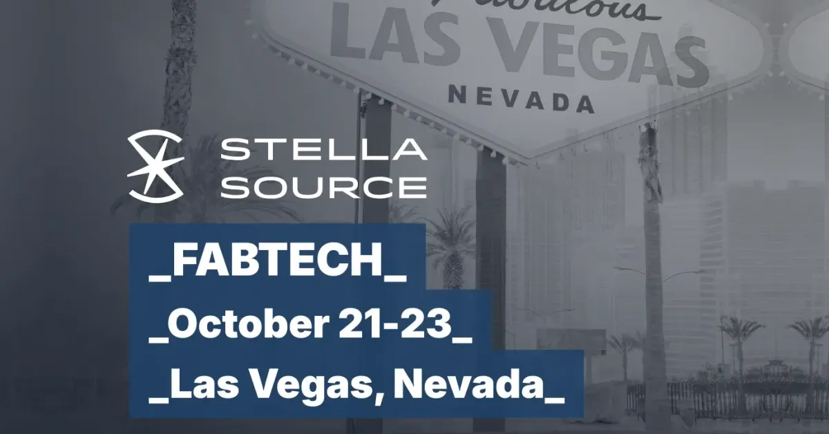 The Welcome to Fabulous Las Vegas sign with the Stella Source logo and FABTECH, October 21-23, Las Vegas, Nevada
