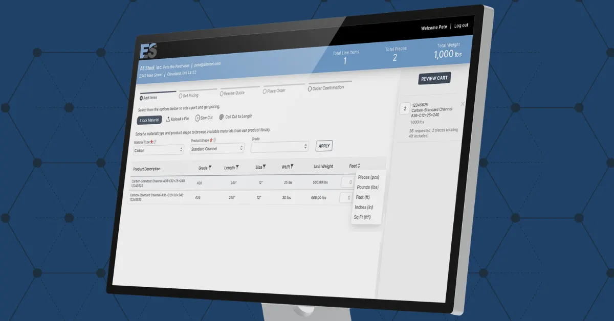 A buyer's view of an online metals storefront on a desktop monitor, browsing stock material with live pricing and a cart