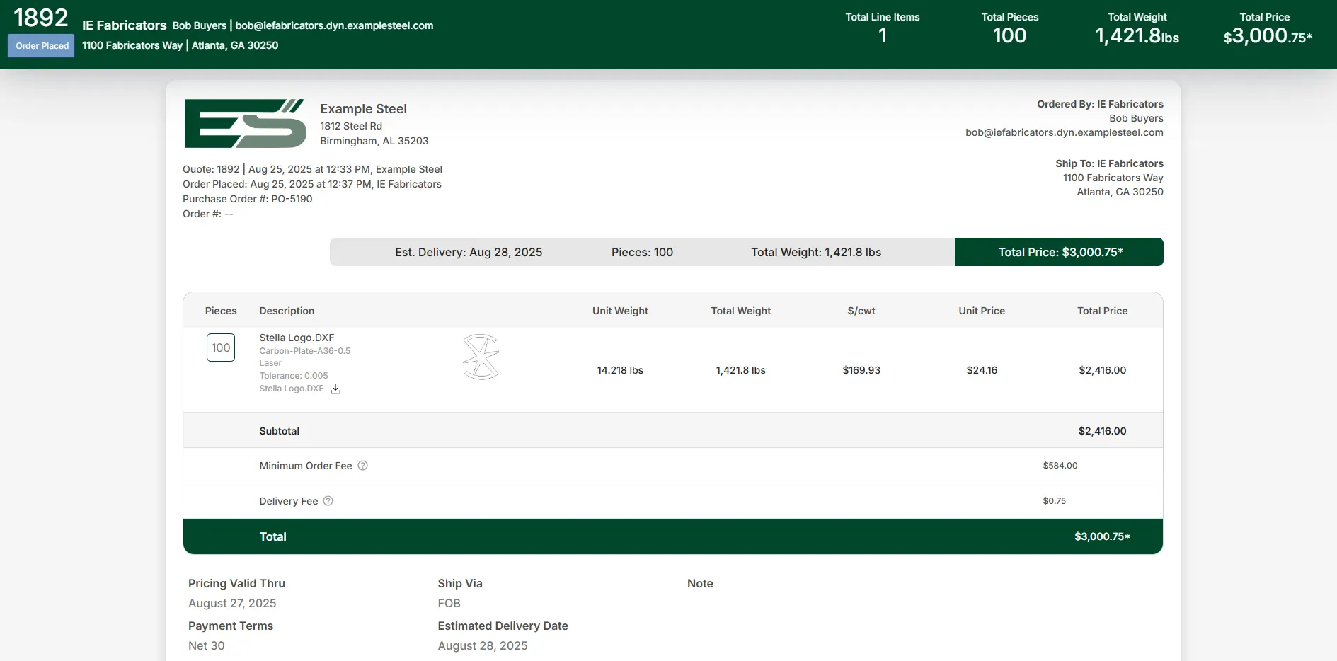 Stella Source instant quoting for stock material and processed parts together