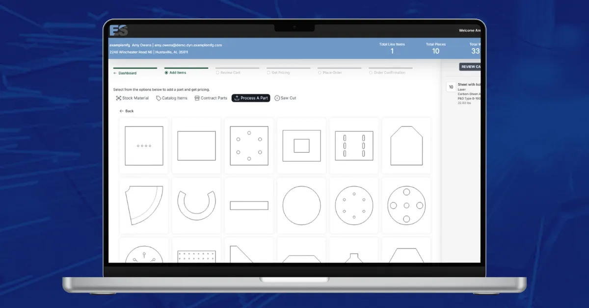 Stella Source storefront Process A Part screen showing the Shape Library grid of template parts, including bolt-pattern plates, rings, discs, and gussets