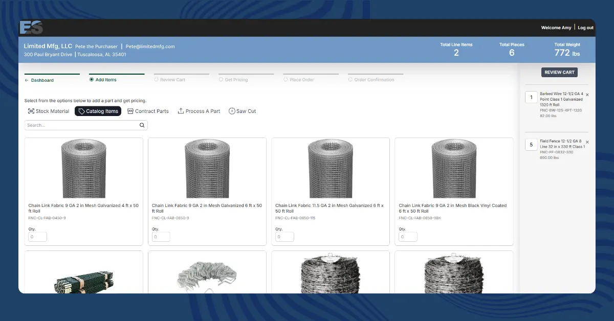 Stella Source storefront Catalog Items screen showing chain link fabric rolls, fence posts, and barbed wire with product images, alongside a cart of fencing items