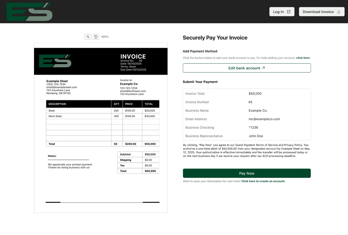 The QuickPay Checkout payment screen a buyer opens from an invoice email