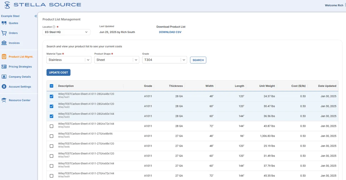 The Stella Source Update Product Costs tool